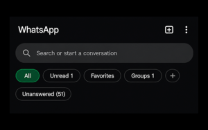 Screenshot of the WhatsApp Web sidebar showing a new 'Unanswered (51)' filter chip next to the native All, Unread, Favorites and Groups chips